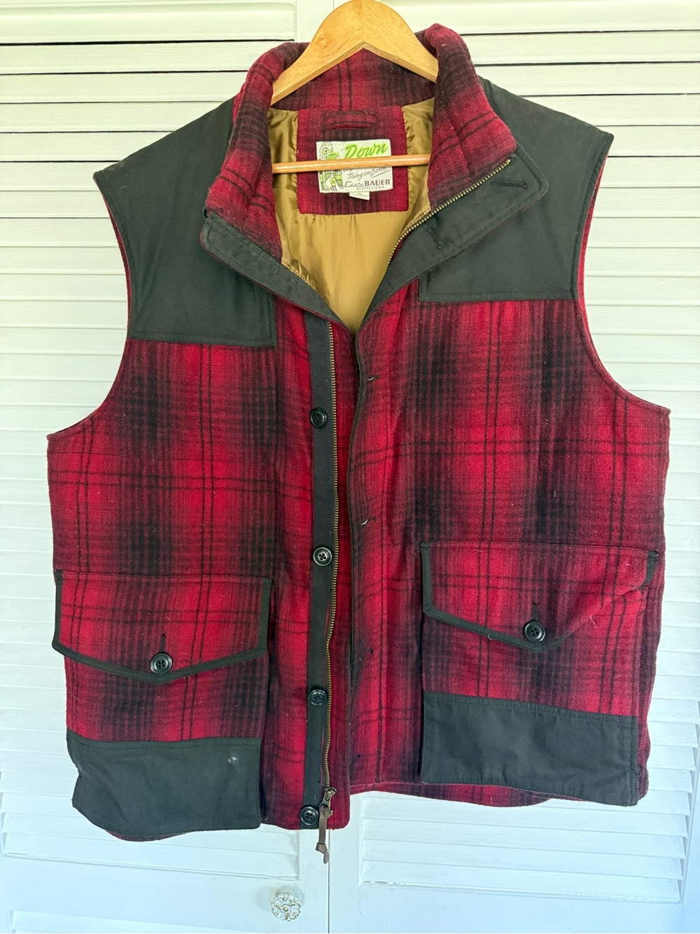 Eddie Bauer Red Plaid Quilted Down Vest with Black Trim